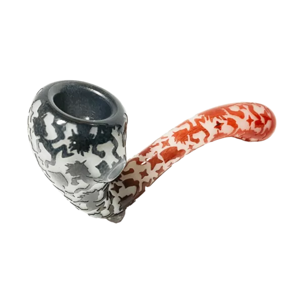 Handmade, ornate pipe with red and white swirl patterns. High-quality design. Classic look. Deep Carve Sherlock - Joe Palmero.