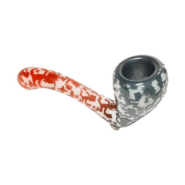Ornate, detailed Sherlock pipe with red, green, and black leaf and vine patterns on white background. Long, tapered shank and flared mouthpiece. Elegant design.