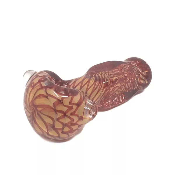 Elegant Coil Spoons by Nelson Glassworks: Brown & orange glass pipe with clear glass stem & small bowl. Swirling pattern & white dots. Curved shape & stylish design.