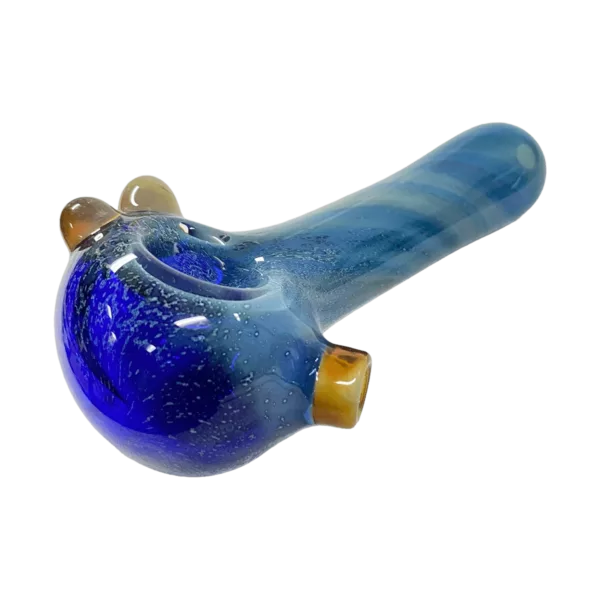 Swirled blue glass pipe with wooden handle and gold accents on Flavour Town Glass. Green background.