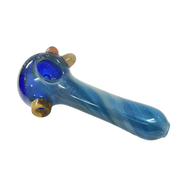Swirled blue glass bong with silver base and gold accents. Unique and stylish design. Perfect for flavor-enhanced smoking.