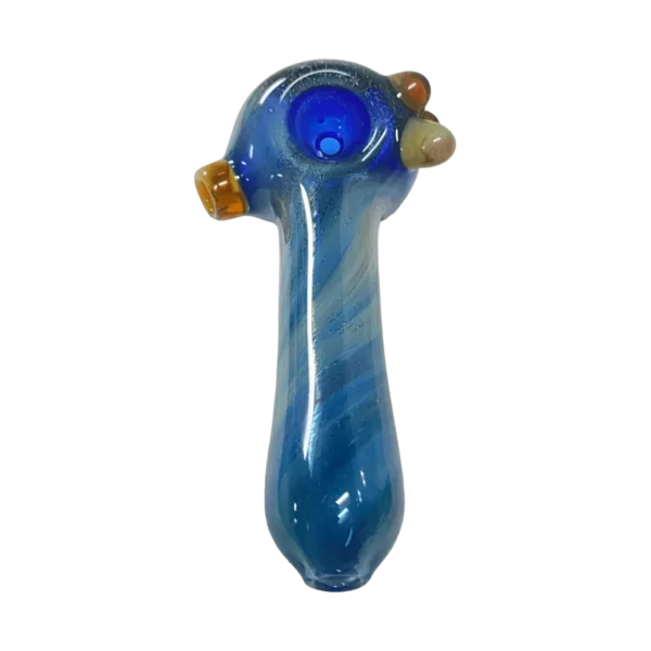 Unique glass pipe with blue & white swirl pattern, round flared bowl, twisted stem w/ gold knob, & orange base w/ white spots. Available from Flavour Town Glass.