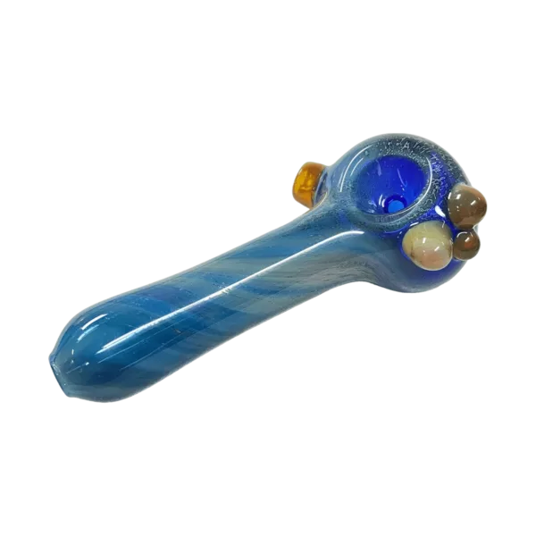 Blue glass pipe with clear plastic stem and blue glass bead at base, 10in length.