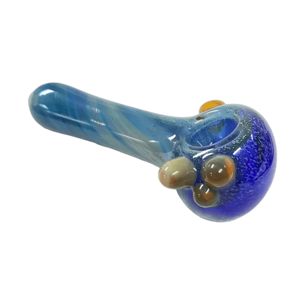 Blue and yellow glass pipe with beaded stem, transparent bowl with iridescent finish, and curved, knobby stem base. Available from Flavour Town Glass.