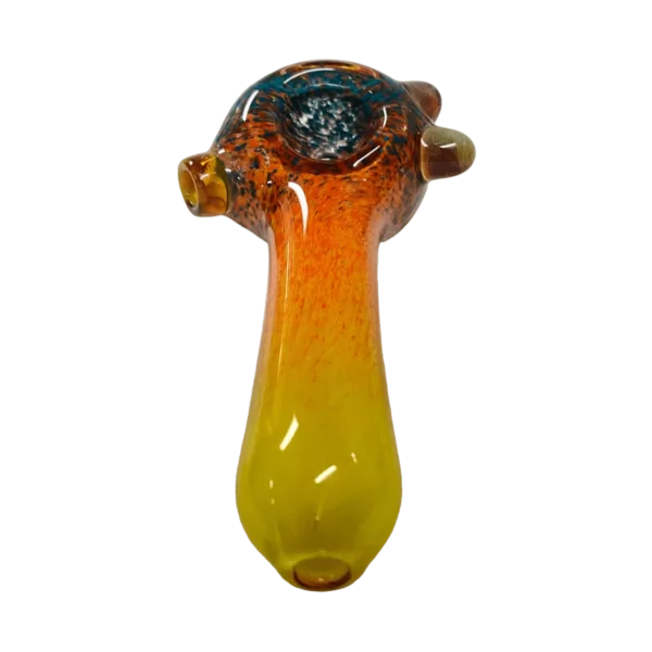 Abstract colored glass pipe with orange, blue, and yellow swirl pattern. Elongated shape with curved mouthpiece and small hole at base.