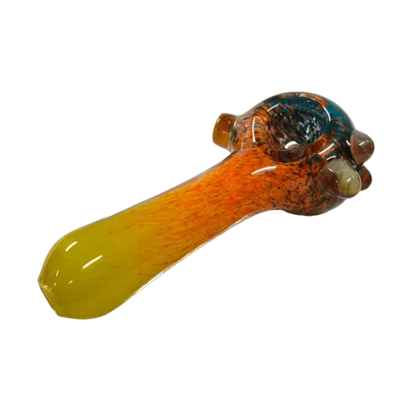 Colorful glass bong with small bowl, long stem, and percolator. Features a round knob-like shape on top of the percolator.