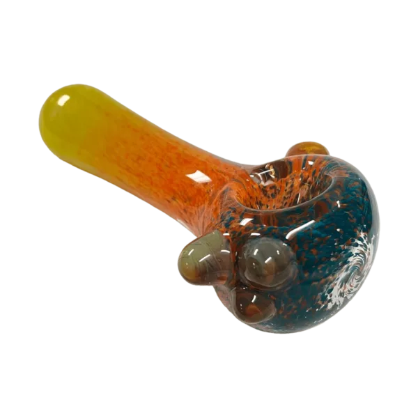 A colorful glass pipe with a blue, orange, and yellow swirl pattern, small bowl, and intricate design on the bowl. Perfect for smoking sessions. #ColourFritPipe #FlavourTownGlass