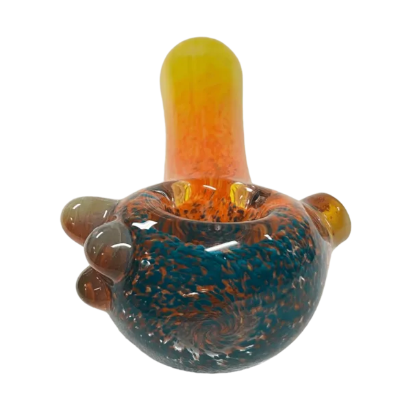 Colorful bird-shaped bowl pipe with intricate design in orange, blue, and green by Flavour Town Glass.