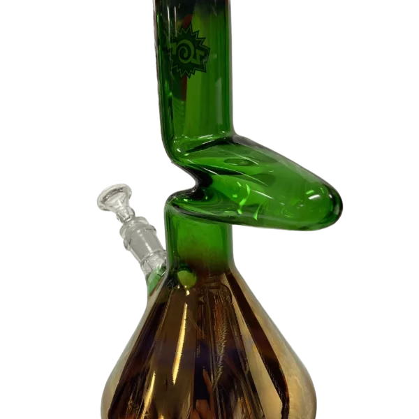 A green glass beaker with a wide bottom and narrow neck, featuring swirling patterns and a small clear stem.
