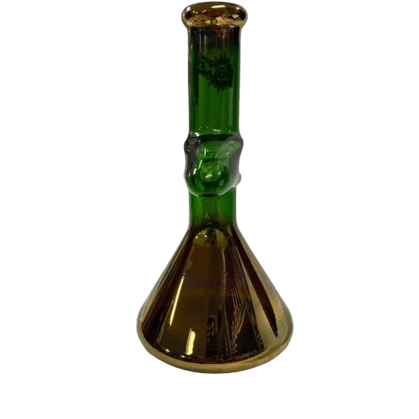 Elegant and functional gold beaker with green base, wide mouth and narrow neck. Heavy and sturdy glass construction.