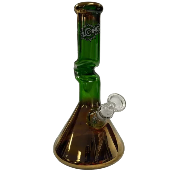 Stylish bong with golden stem and green base. Large bowl and comfortable mouthpiece. Shiny gold accents.