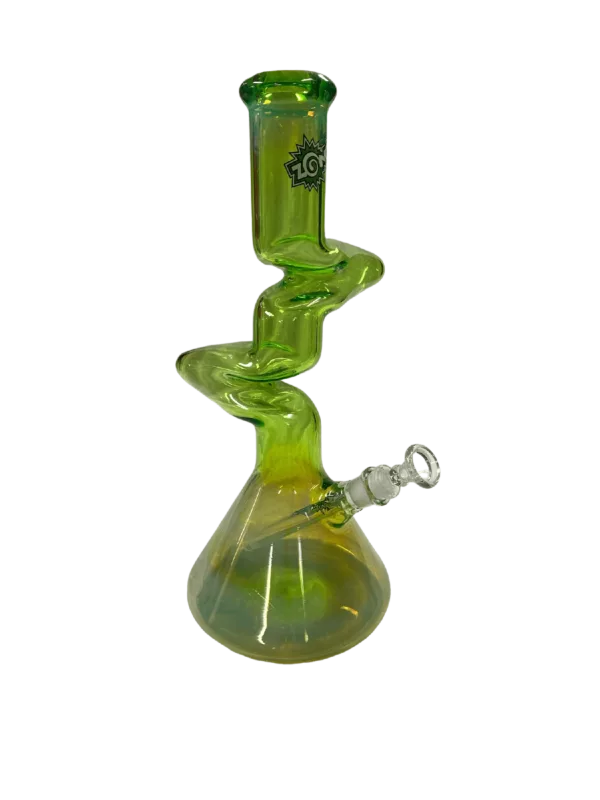 Twisted downstem clear glass bong with silver base on green background - Zong.
