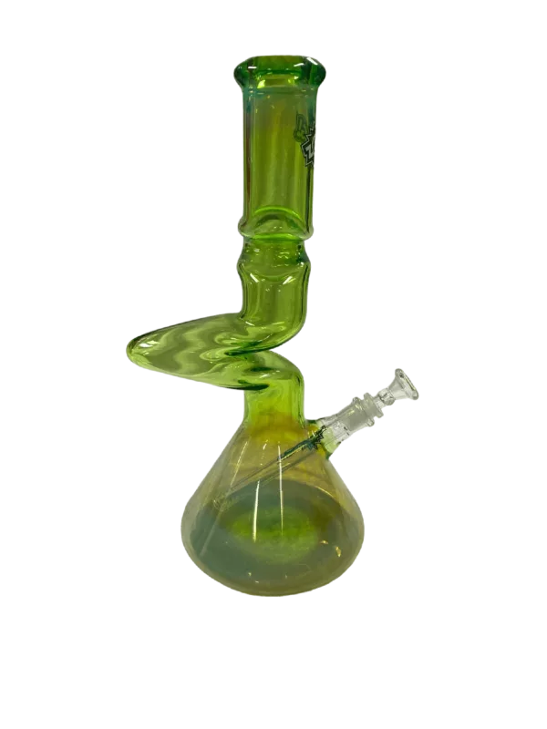 Sleek, modern green glass bong with long stem, downstem, and clear acrylic base. Round bowl with flat bottom and small hole, large opening, and smooth rim. Curved downstem with small hole at end. Clear base with small circular foot. No water or bubbles.