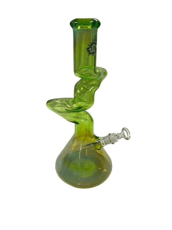 A sleek, modern glass bong with a long, curved stem and small, round base. The bowl is clear and attached to the stem, and the bong sits on a small, round base with a circular hole in the center. The bong is green and made of glass.