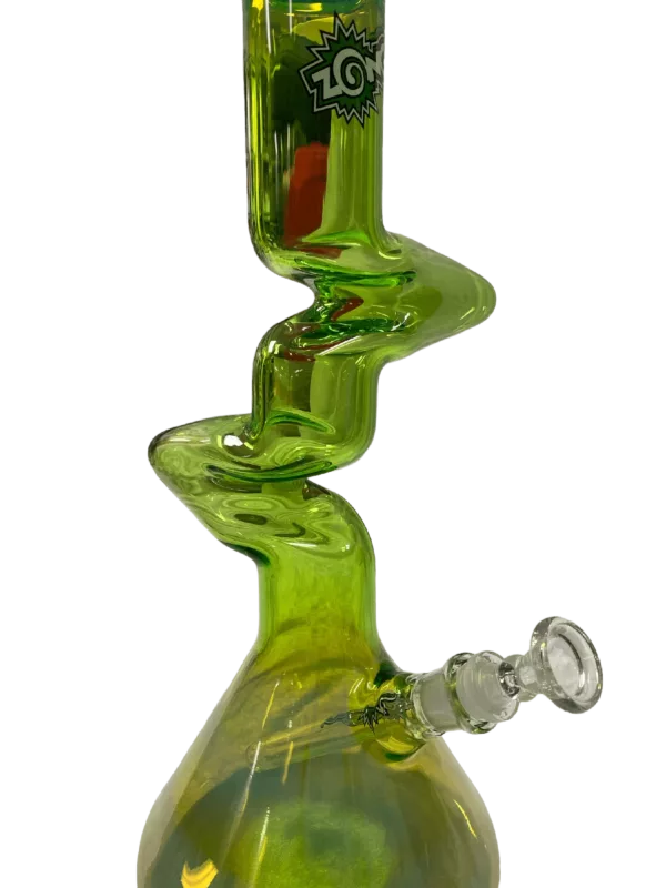 Glass bong with spiral design, clear glass base and stem, small bowl and percolator, multiple downstems and carbs, silver accents.