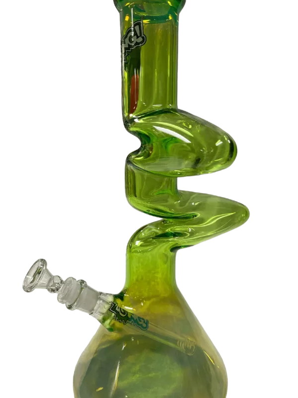 Handmade bong with long neck, wide base, clear glass body, yellow accent, silver band, and curved base. Zong Fat Full Color 2 Kink Beaker Silver.