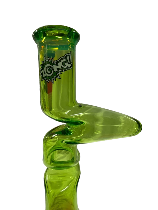 Glass pipe with green and yellow spiral design on clear glass. Curved shape with small, round base and tapered neck. Perfect for smoking. Zong.