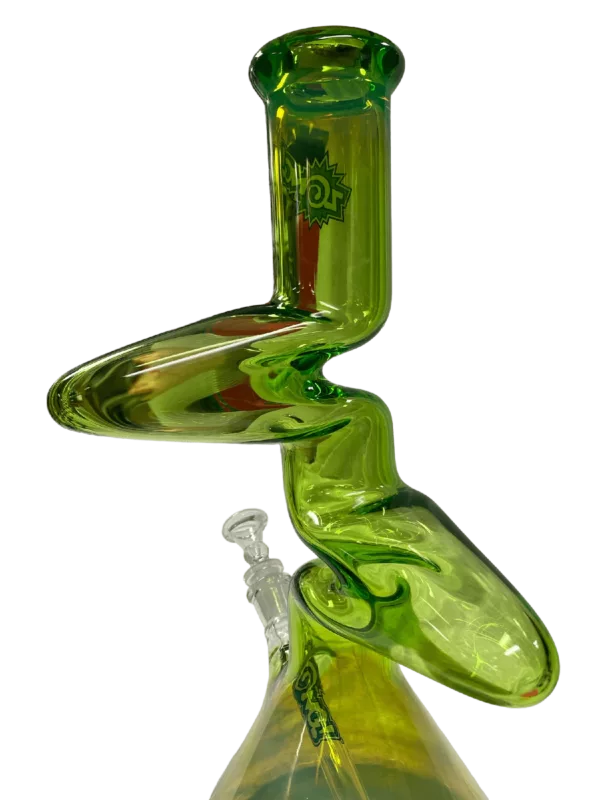 Glass bong with spiral shape on side, clear green tint. Sitting on wooden stand with small circular base and long curved neck.