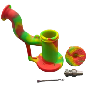 Cylinder-shaped silicone pipe with bowl and hole, held by metal rod with screw. Color: green, yellow, red. Comes with screwdriver. Black background.