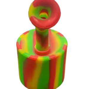 A small plastic container with red, green, and yellow stripes - High Puck Silicone Rig.