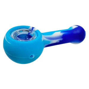 Blue and white glass pipe with small handle. Clear glass, curved shape. WWSCH46.