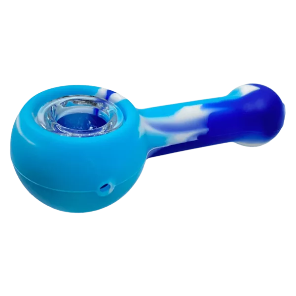 Blue and white glass pipe with small handle. Clear glass, curved shape. WWSCH46.