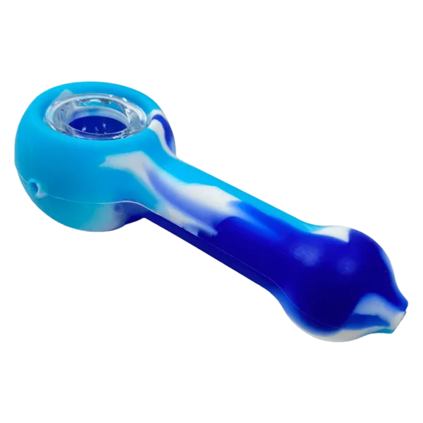 Translucent blue silicone hand pipe with indented center, curved shape, and small loop on opposite end.