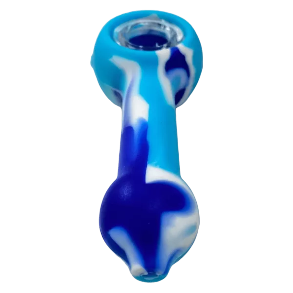 Blue and white silicone hand pipe with round, transparent base and pointed tip. No other design elements or logos.