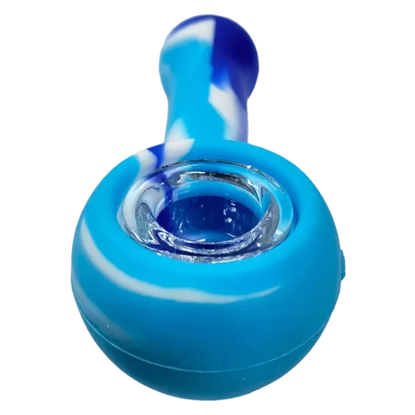 Modern sleek blue and white glass hand pipe with clear base and stem, small bowl with side and bottom holes, and clear stem with knob and top hole.