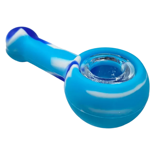 Blue & white striped silicone hand pipe with small bowl and large base for smoking. Simple & elegant design with smoke hole.