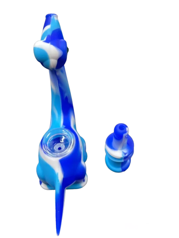 Smooth blue & white silicone water pipe with attached plastic tube, available at smoking company website.