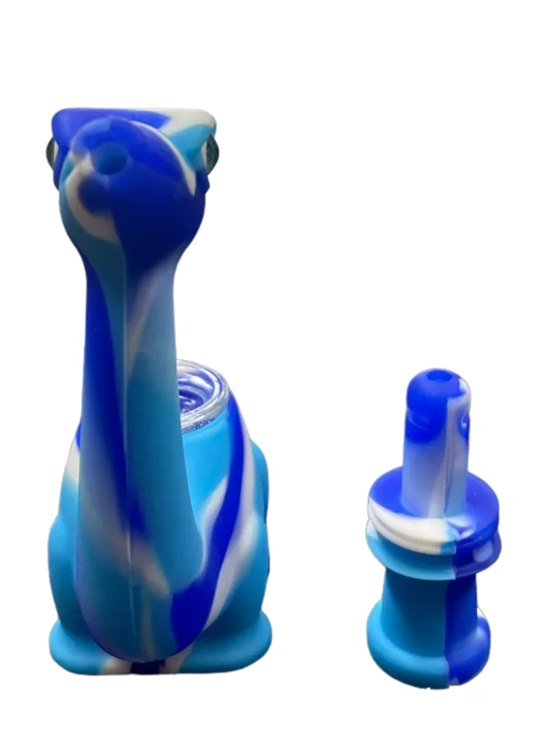 Blue and white swirled glass camel-shaped water pipe on black background. WWSCW10.