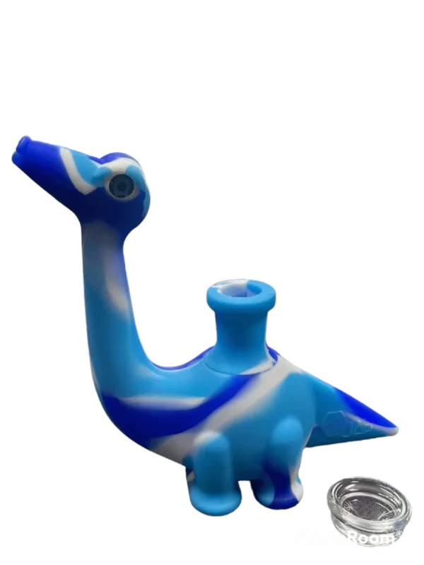 Blue & white striped Dino-shaped silicone water pipe with flexible neck and small hole at end for smoking.