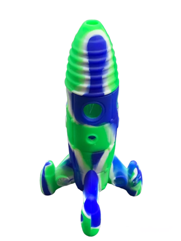 Small, green and blue rocket-shaped silicone water pipe with streamlined design and functional hole for water flow.