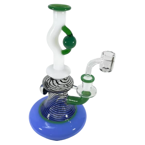 A blue and green glass bong with a clear stem and a small, round base.