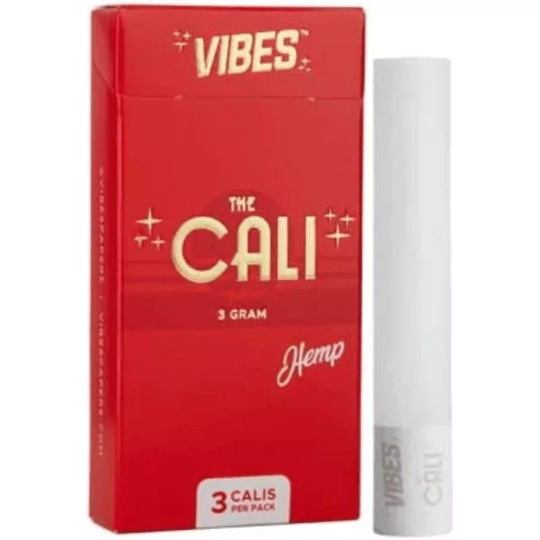 Cali Cones - Vibes are white, cylindrical paper cones with black dots and a small hole at the bottom, packaged in a white and black striped box. They are marketed as a vaping product.