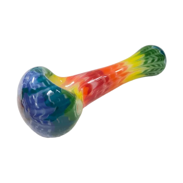 Colorful, intricate glass art joint with rainbow design, stem, and small bowl. Filled with smoke.