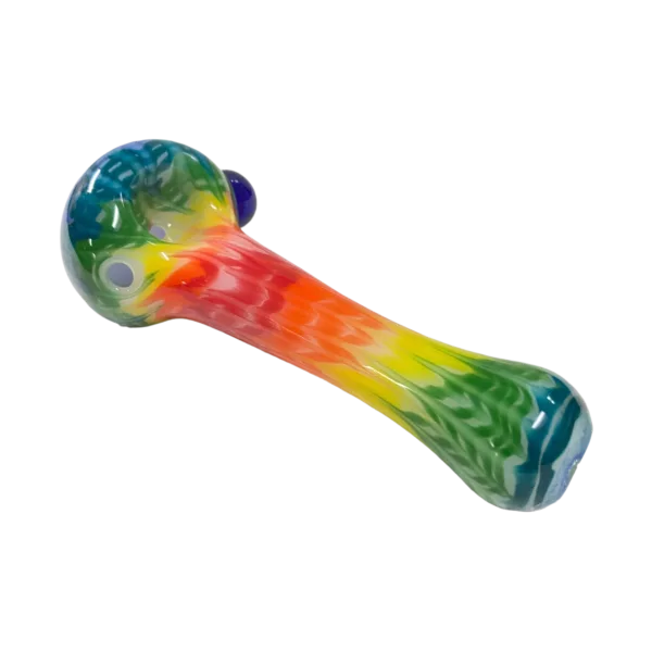 Multiverse Glass' Tie-Dye Rainbow Wrap and Rake pipe features a colorful swirl design in pink, green, blue, and purple, with a ribbed texture and clear base/mouthpiece.