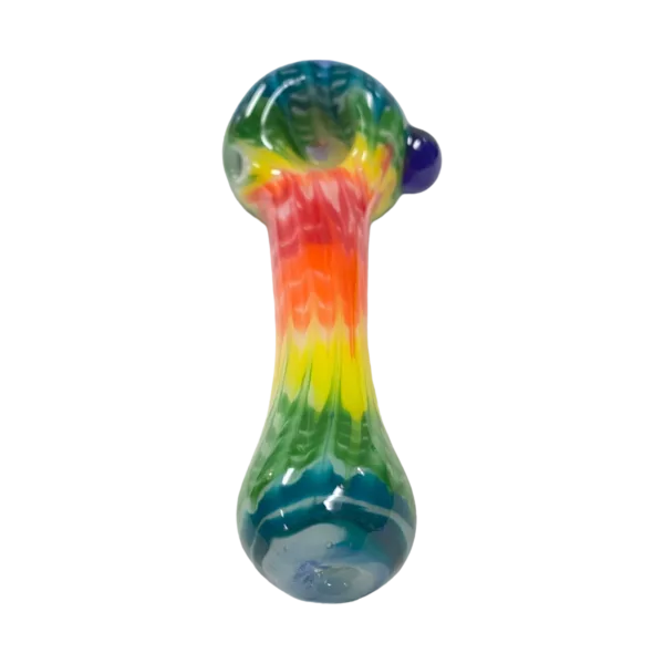 Multiverse Glass Pipe with Tie-Dye Rainbow Wrap and Rake design. Swirls of colors on stem and bowl in shades of blue, purple, and pink.
