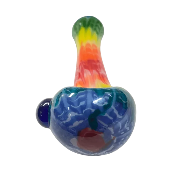 The Tie-Dye Rainbow Wrap and Rake glass pipe has a curved, colorful rainbow design. It's made of clear glass and has a small hole at the end. It's available for purchase.