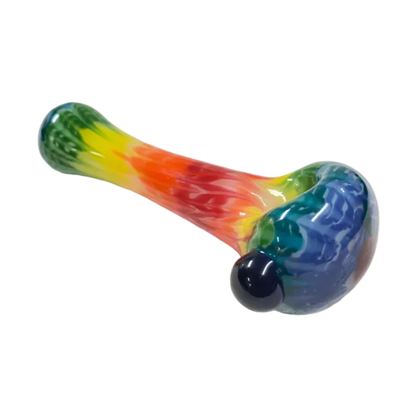 Colorful glass pipe with a blue and purple swirl design, featuring a small round base and a long curved neck.