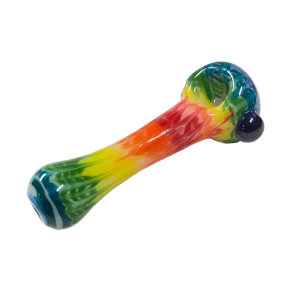 colorful glass pipe with a blue and green swirl pattern and a small hole at the end. It is made of glass and sits on a black background.
