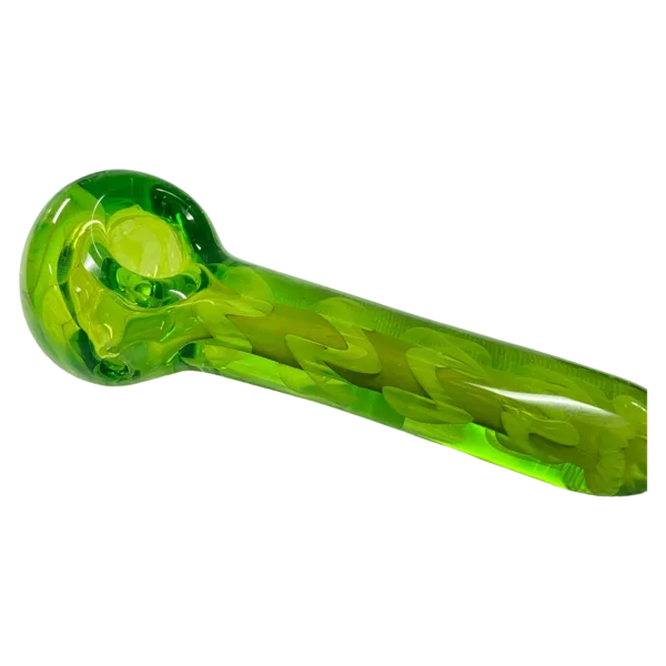 This green glass pipe has a long, curved shape and small, round base with a smooth, glossy surface. It is sitting on a white background.