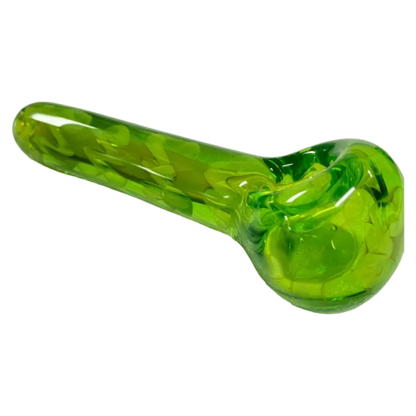 Unique glass art piece featuring a green smoking pipe with an abstract shape and clear glass handle. Shiny and interesting design.