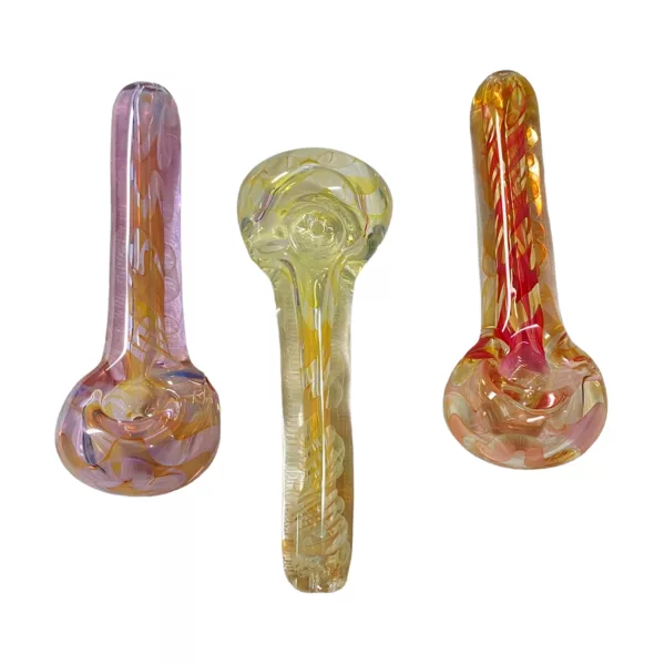 Three colorful glass pipes in varying sizes and shapes, featuring pink, green, and yellow swirls throughout.