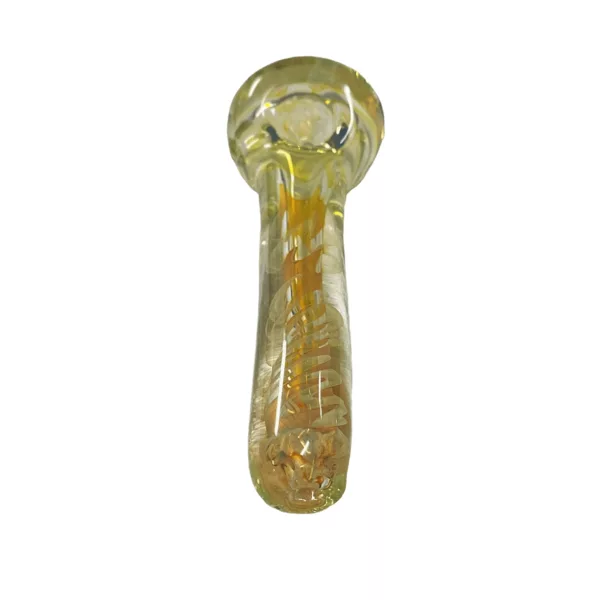 Unique, medium-sized glass spoon with a round handle and curved, pointed bowl decorated with a yellow and orange swirl pattern. Perfect for eating or stirring food.