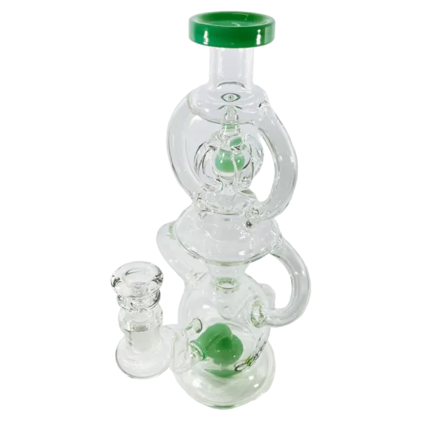 Green glass bong with attached spinner and three smaller balls. White background. Suitable for smoking.