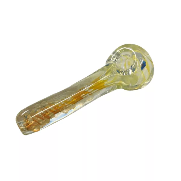 Modern glass pipe with yellow/orange swirl pattern and sleek design. Round bowl and stem with clear knob.