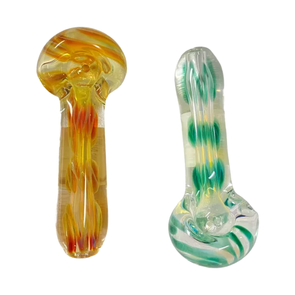 Multiverse Glass' Inside- Out Spoon-Colored Stringers are transparent glass smoking utensils with a curved handle and flared bowl, available in various shades of green, yellow, and orange.