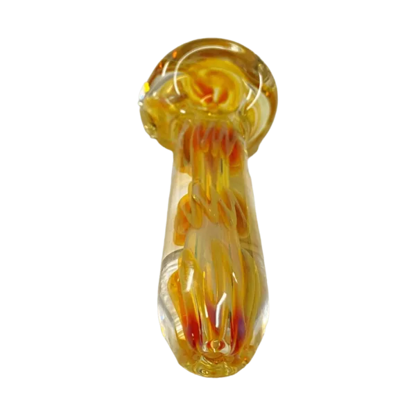 Eye-catching, multiverse glass spoon with vibrant colored stringers on a green background. Perfect for smoking enthusiasts.